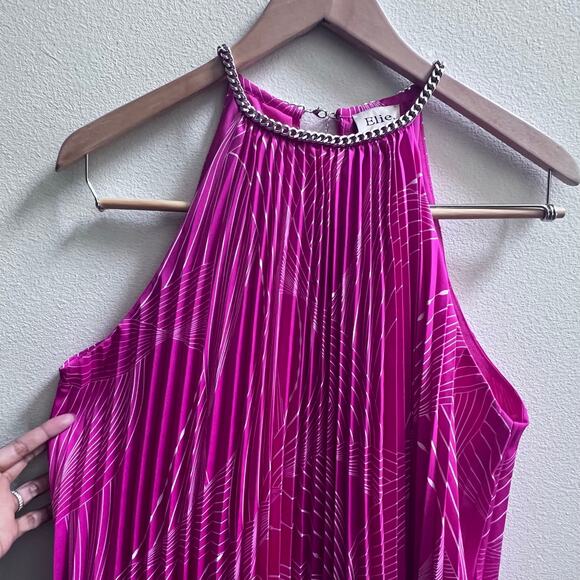 Elie Tahari Chain Halter Pleated Bright Pink Top Women's Size Large Loose Fit - Picture 4 of 11
